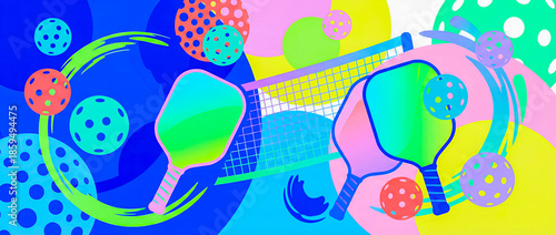 colorful poster featuring paddles and pickleball balls, promoting a popular sport and active lifestyle