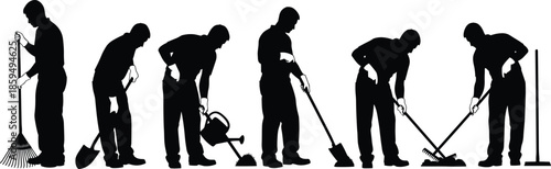 Silhouette janitors, cleaning workers using tools, broom mop rake shovel watering can, isolated on white background, vector illustration design commercial