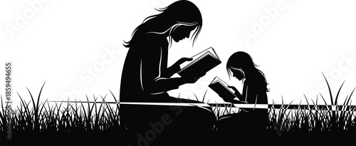 Silhouette mother and child reading books outdoors, peaceful family learning moment in nature, education bonding concept, isolated vector illustration, design
