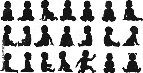 Collection of Baby Silhouettes in Various Poses on White Background Keywords: baby, silhouette, child, infant, toddler, sitting