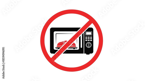 Black and white illustration of a crossed out microwave oven containing bread items signifying a prohibition against microwave usage in the area