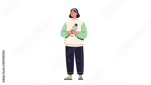 Illustration of a young woman holding a bottle in casual clothing with a neutral background