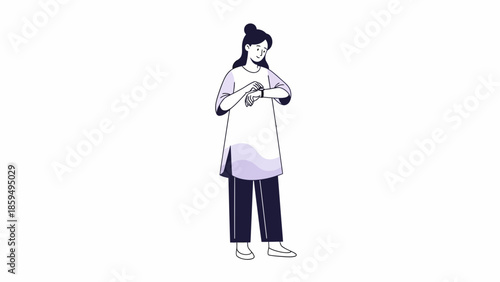 Illustration of a young woman looking at her wristwatch in casual attire with minimal background