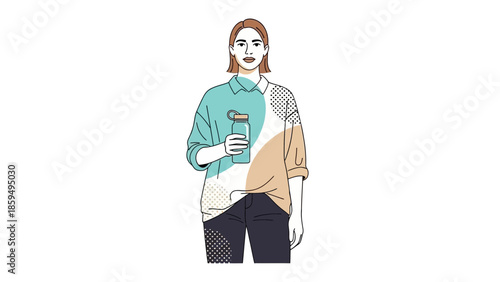 illustration of a young woman holding a water bottle wearing a casual colorful outfit