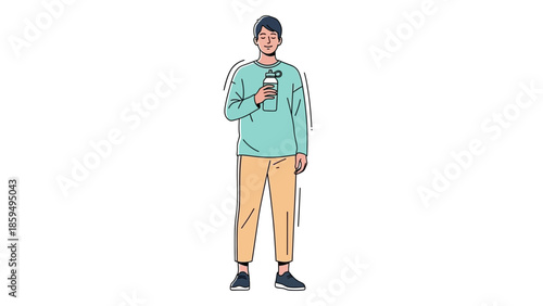 Illustration of a young woman standing and drinking from a water bottle in casual attire