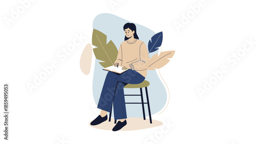 Illustration of a young woman sitting on a stool surrounded by leaves while writing in a notebook
