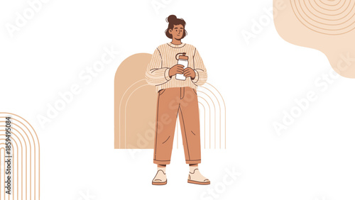 Illustration of a young woman standing and looking at her phone with trendy casual fashion and