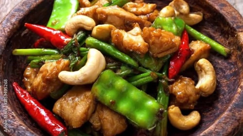 A vibrant close-up captures a delicious and healthy stir-fried dish, presented beautifully in a rustic wooden bowl. Tender pieces of golden-brown chicken are mixed with crunchy cashews, bright green v