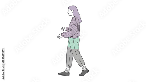 Minimal illustration of a woman walking with casual attire and long hair in a simple style