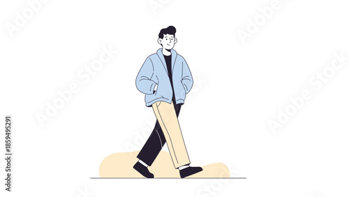 Minimalist digital illustration of a young man walking confidently with hands in pockets