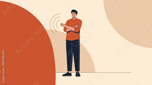 Digital communication concept with young man using smartphone with wireless signals in