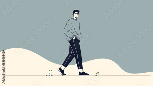 Minimalist Illustration of a Man Walking in a Calm and Serene Landscape Scene