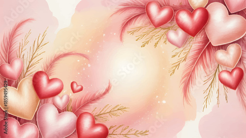 Romantic Pink Watercolor Background With Floating Hearts, Elegant Valentines Day Banner With Gold Leaf Accents, Soft Pastel Love Background For Wedding And Invitation, Abstract Artistic Heart 