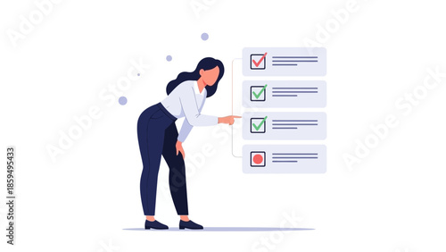 Businesswoman Analyzing and Checking Task Lists on Digital Screen in Modern Office Environment