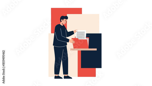 Businesswoman Filing Documents into Digital Storage Device in Modern Office Setting