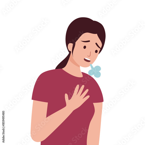 Woman pressing against her chest with a shortness of breath symptom in flat design on white background. Difficulty breathing.