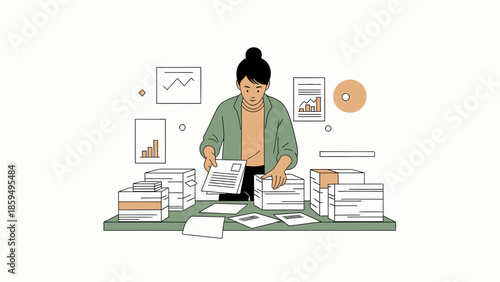 Businesswoman Managing Large Paperwork and Documents in an Office Environment