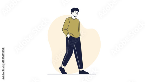 Minimalist Illustration of a Man Walking with Hands in Pockets and Casual Attire