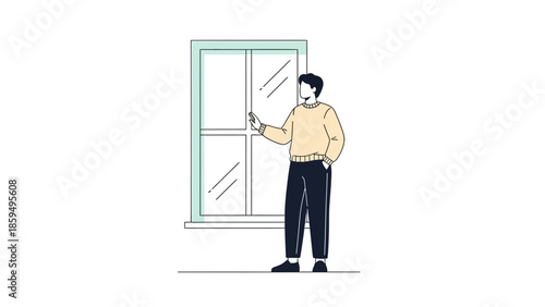 Casual man standing by a large window with a reflective glass pane and modern interior design
