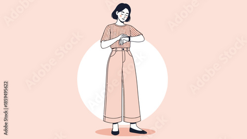 Minimalist Illustration of a Woman Checking Time on Her Wrist Watch Wearing Casual Outfits in Soft