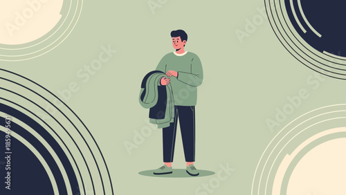 Casual man standing outdoors with backpack and sweater in a graphic illustration