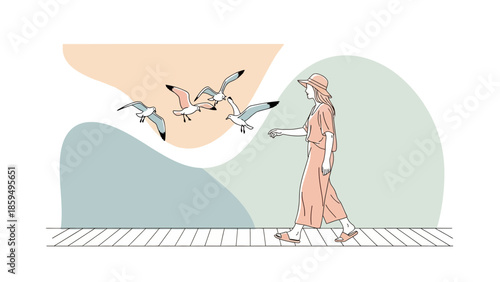 Minimalist Illustration of a Woman Feeding Seagulls on a Boardwalk with Soft Pastel Backgrounds