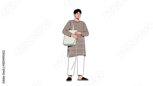 Casual woman dressed in neutral tones carrying a tote bag and wearing white pants with black