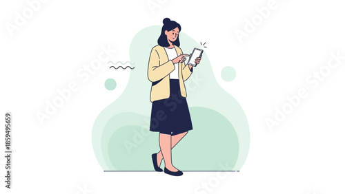 Casual woman standing and using a smartphone in a modern illustration style
