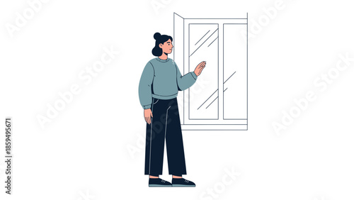 Casual Woman Standing Near Window Exclusive Illustration for Indoor Scene