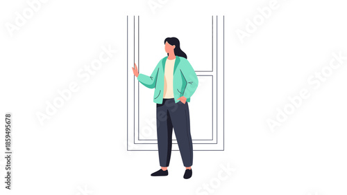 Casual woman standing by a window with one hand touching the frame contemplating in a relaxed pose