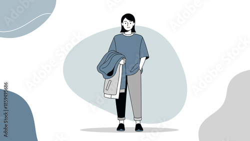 Casual Woman Standing with a Layered Jacket and Slim Pants in a Minimalist Illustration