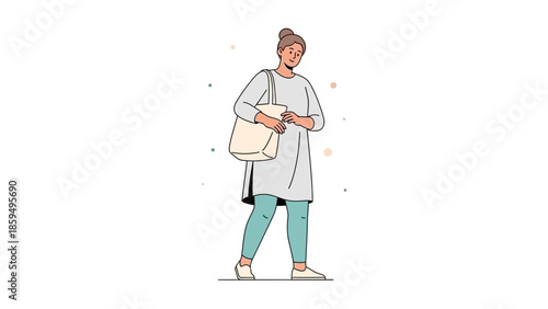 Casual woman standing with a bag and book in minimalistic illustration