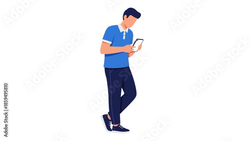 Casual young man standing alone and using smartphone in a minimalistic flat design style with a