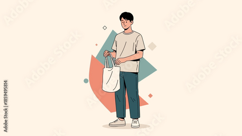 Casual young man holding shopping bag standing with geometric background art