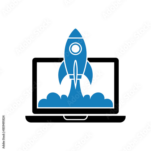 Blue Rocket Launching from Laptop Screen Illustration