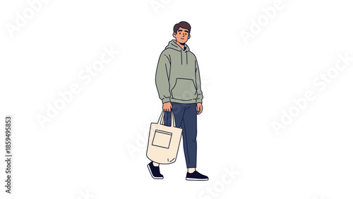 Casual young man standing with a tote bag dressed in a hoodie jeans and sneakers in a minimalistic