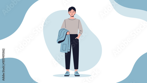 Casual young man standing outdoors holding a jacket and wearing trendy clothing in an abstract