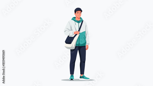 Casual young man standing with a backpack and sportswear isolated on a plain background