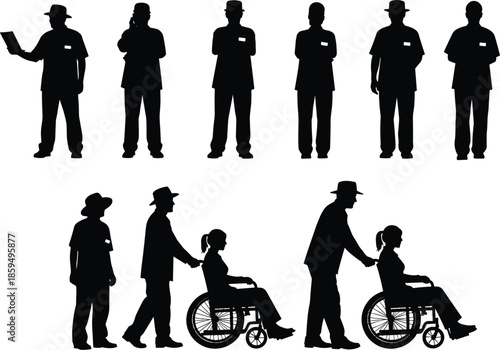 Silhouettes of men and women in uniform and hats in different poses on white background woman