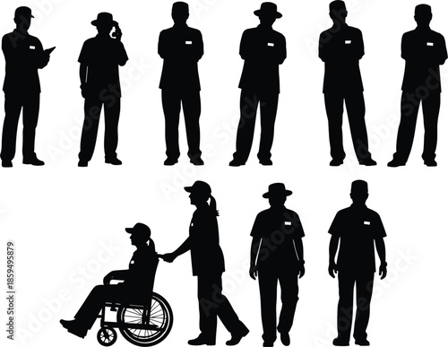 Silhouettes of medical professionals and people in wheelchairs in various poses nurse doctor
