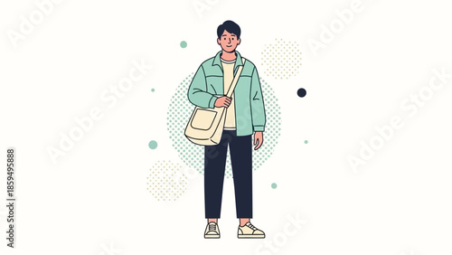 Casual young man standing with backpack in a minimal digital illustration