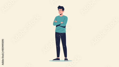 Casual young man standing with arms crossed, thoughtful pose, minimalistic illustration style with