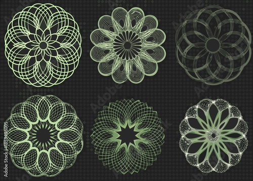Intricate green floral designs on a dark background displaying circular symmetry