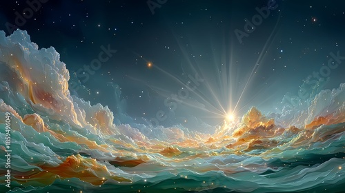 Bright white star bursting with cross-shaped beams inside a warm, swirling nebula of gold and orange gases floating through deep space