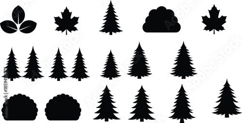 Collection of black silhouette icons featuring various pine trees, forest shrubs, and maple leaves, symbolizing nature, environment, outdoor scenery, and woodland ecology design elements.