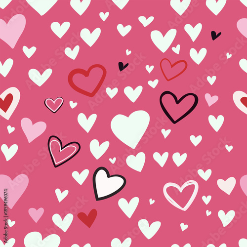 seamless vector pattern of doodle and solid hearts on a pink background