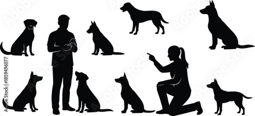 Silhouettes of people and dogs in various poses on a white background animal canine