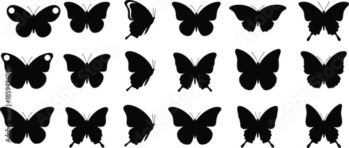 Collection of black butterfly silhouette icons with various wing shapes and decorative patterns for nature inspired graphic design and logos