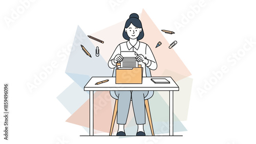 Cute Illustration of a Woman Organizing Files and Office Supplies at Desk