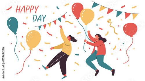 A happy birthday girl celebrates her colorful party with a joy-filled balloon gift and cartoon vector art illustration of a kid enjoying the holiday